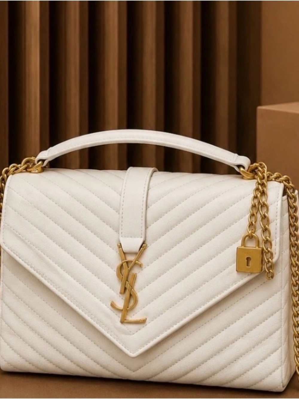 Saint Laurent Cream Quilted Leather Top-Handle Shoulder Bag with Gold Hardware